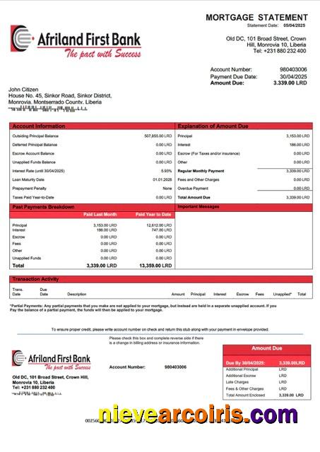 Liberia Afriland First Bank Liberia mortgage statement Word and PDF template